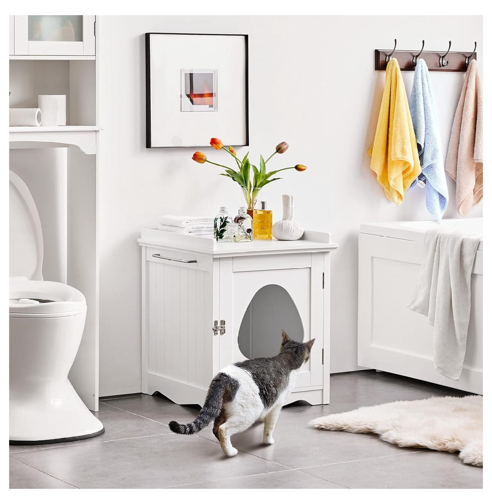 Cat Litter Box Enclosure Furniture, Cat Washroom Enclosed Litter Box Decorative House & Side Table, Pet Crate