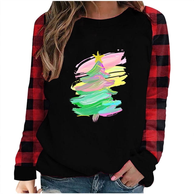 lcziwo Prime Deals Chandails à Col Rond pour Femmes avec Sapins de Noël, Chandails de Noël pour Femmes à Col Rond Raglan à Manches Raglan, Chandail Graphique à Enfiler 2024 Rouge, P