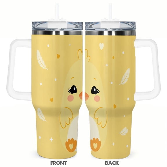 40oz Cute Yellow Chick Tumbler with Handle and Straw Cartoon Insulated Travel Coffee Cup Gift