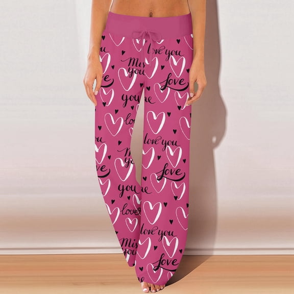 LEJHVAQK Soft Heart Printed Sleep Pants for Women Valentine's Day Series Pajama Pants Wide Leg Design Comfort Waist Lounge Pants for Home