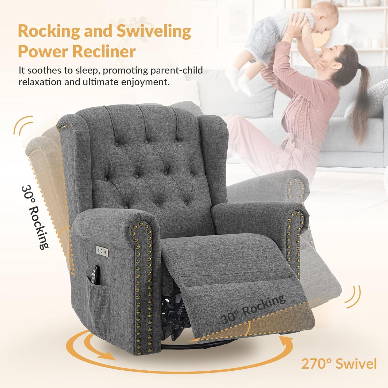 Power Swivel Rocking Glider Recliner Chair, Electric Nursery Reclining Sofa Chair with Heat and Massage, Wingback Tufted Upholstered Recliner for Living Room, USB and Type-C Ports, Grey