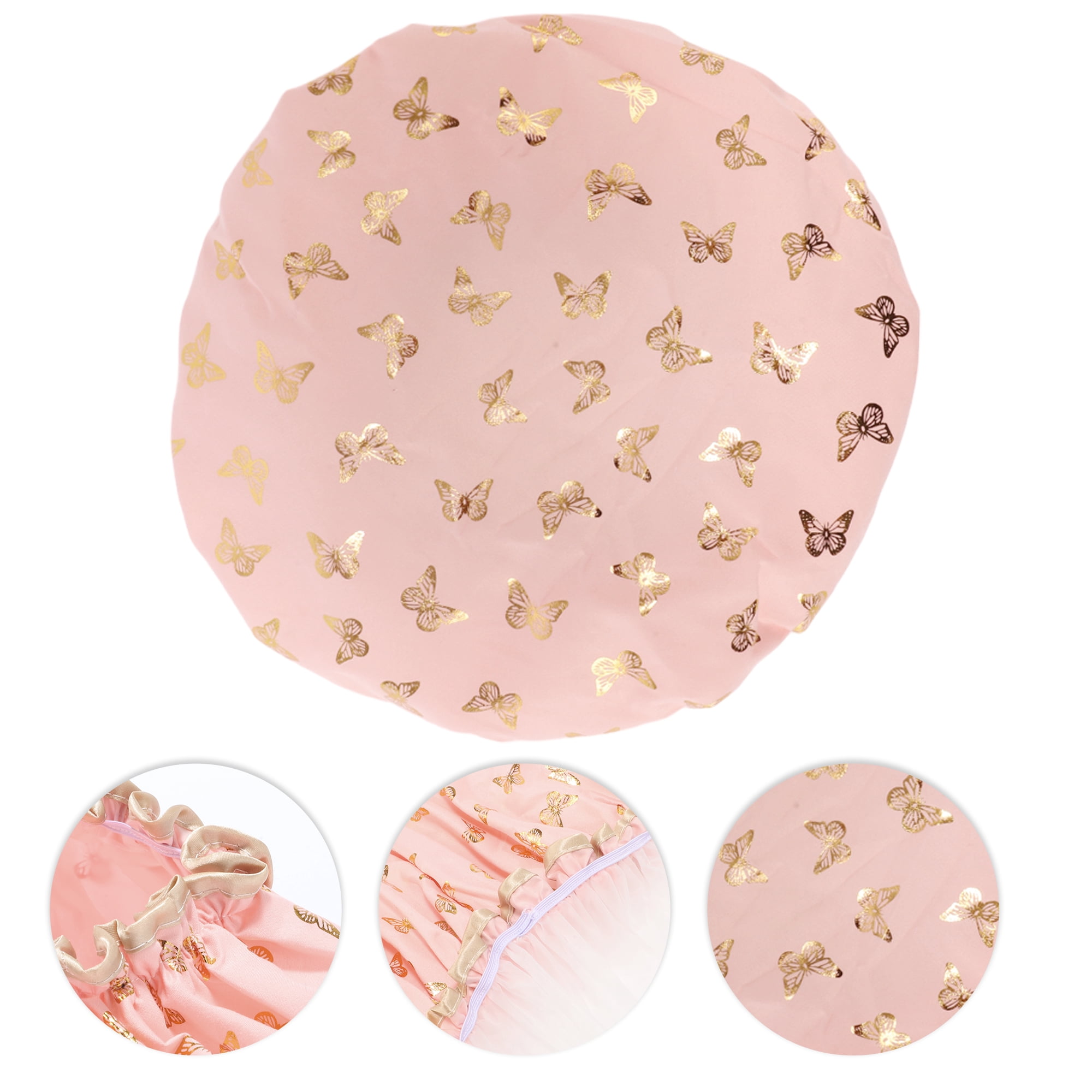 Unique Bargains Women Double Layer Gilded Butterfly Shower Cap 1 Pc Pink