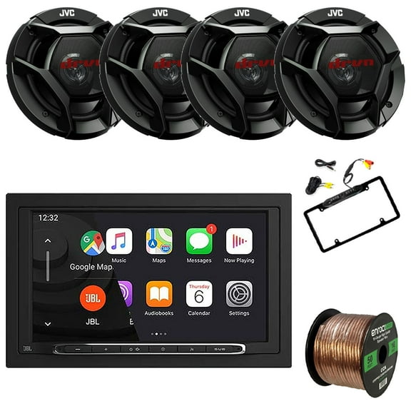 JBL Legend 700 7” Touchscreen Display Double-DIN Mechless Bluetooth AM/FM Receiver W/Wireless Apple CarPlay & Android Auto, 4x 6.5" 300W Max 2-Way Speakers W/50 Feet Wire, Backup Rearview Camera