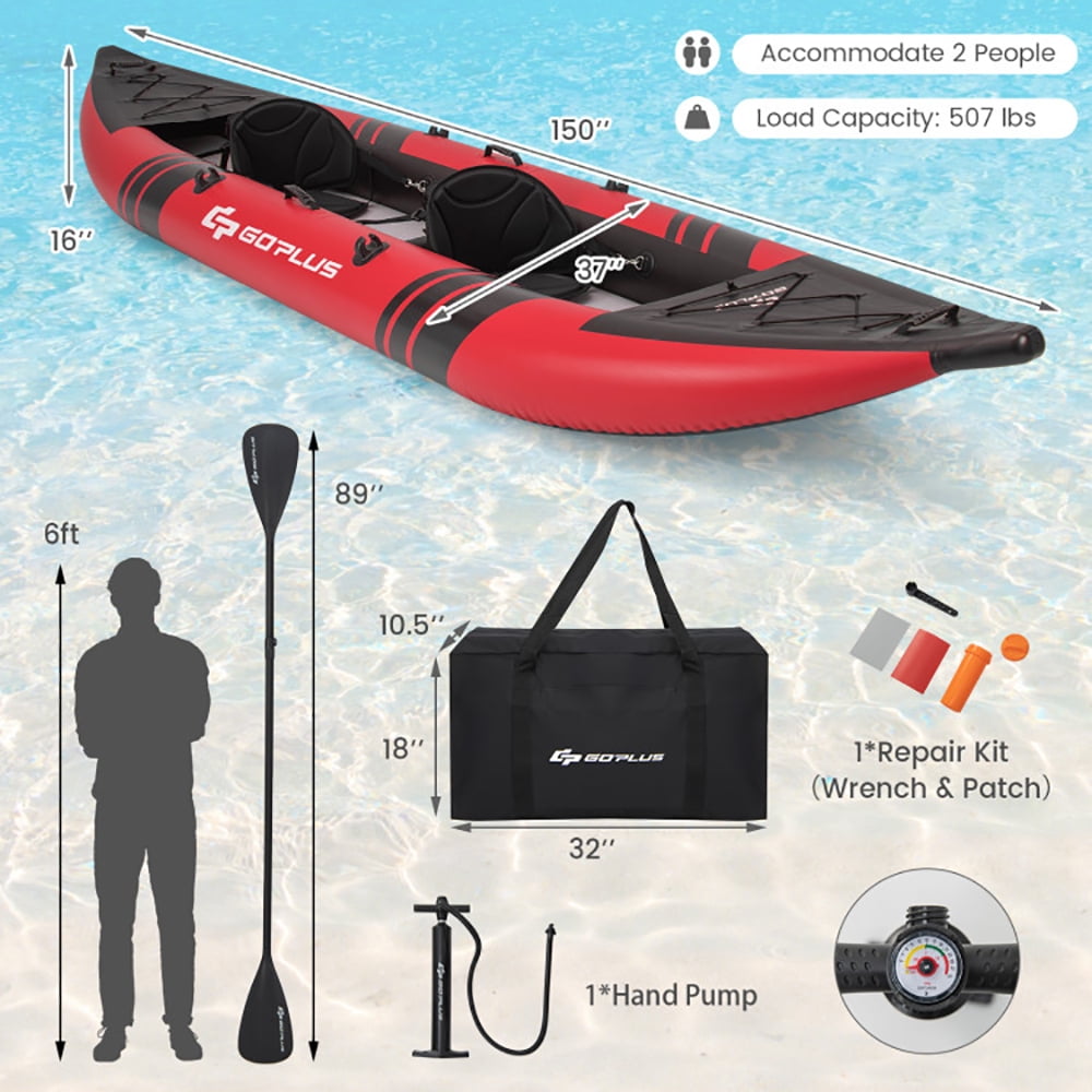 Spaco Inflatable 2-person Kayak Set with Aluminium Oars and Repair Kit-Red, Inflatable Vinyl Kayak for Lakes and Rivers