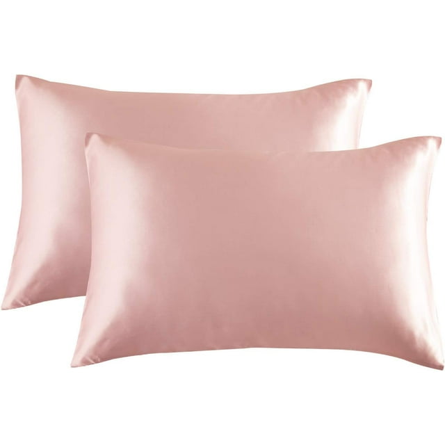 Satin 2 Pcs Pillowcases for Hair and Skin High Thread Count Breathable & Comfortable Easy Fit Envelope Closure Pillowcase Soft & Smooth Satin Pillow Case (Standard 20''x26''-Pink)