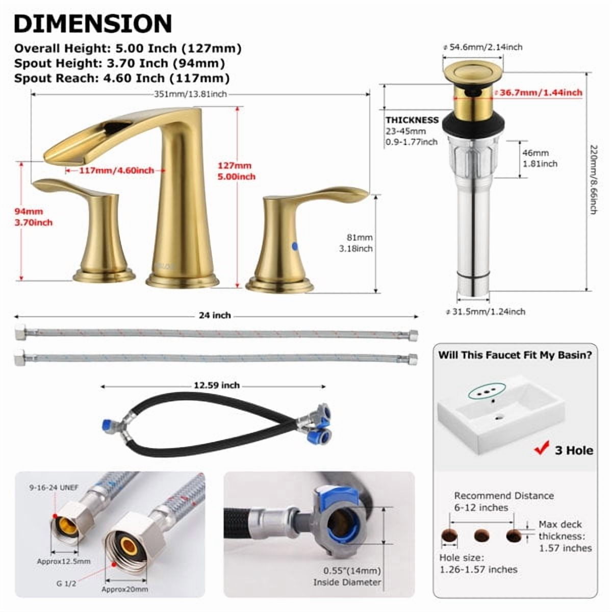PARLOS Widespread 2-handle Waterfall Bathroom Faucet with Drain Assembly