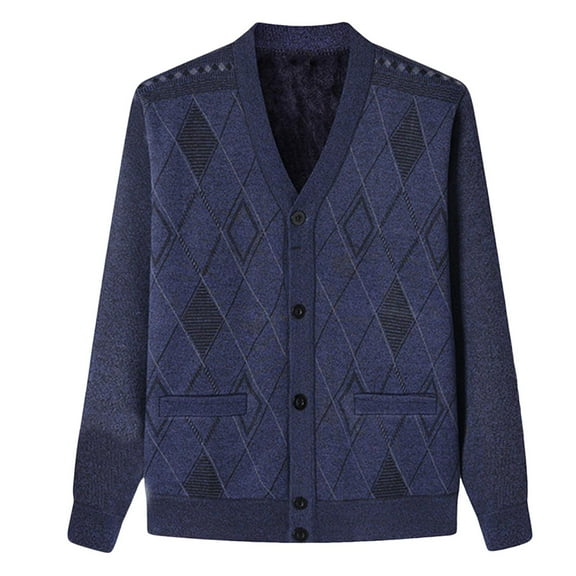 Men's Thickened Argyle Knit Sweater Long Sleeve Button Down V Neck Cardigan Coat Navy L