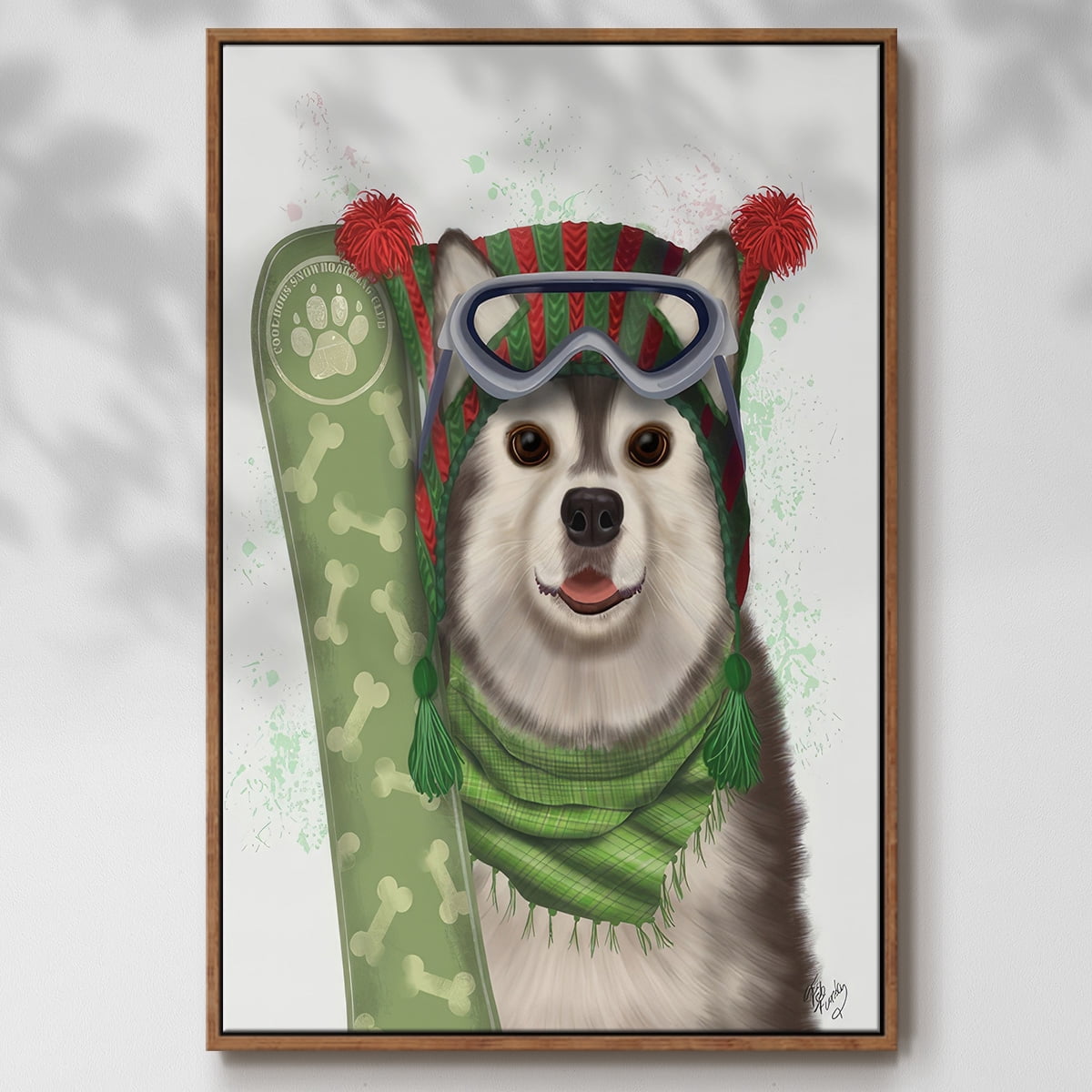 Christmas Husky Snowboard - Framed Gallery Wrapped Holiday Canvas - 27 x 41 - Rosewood Frame
