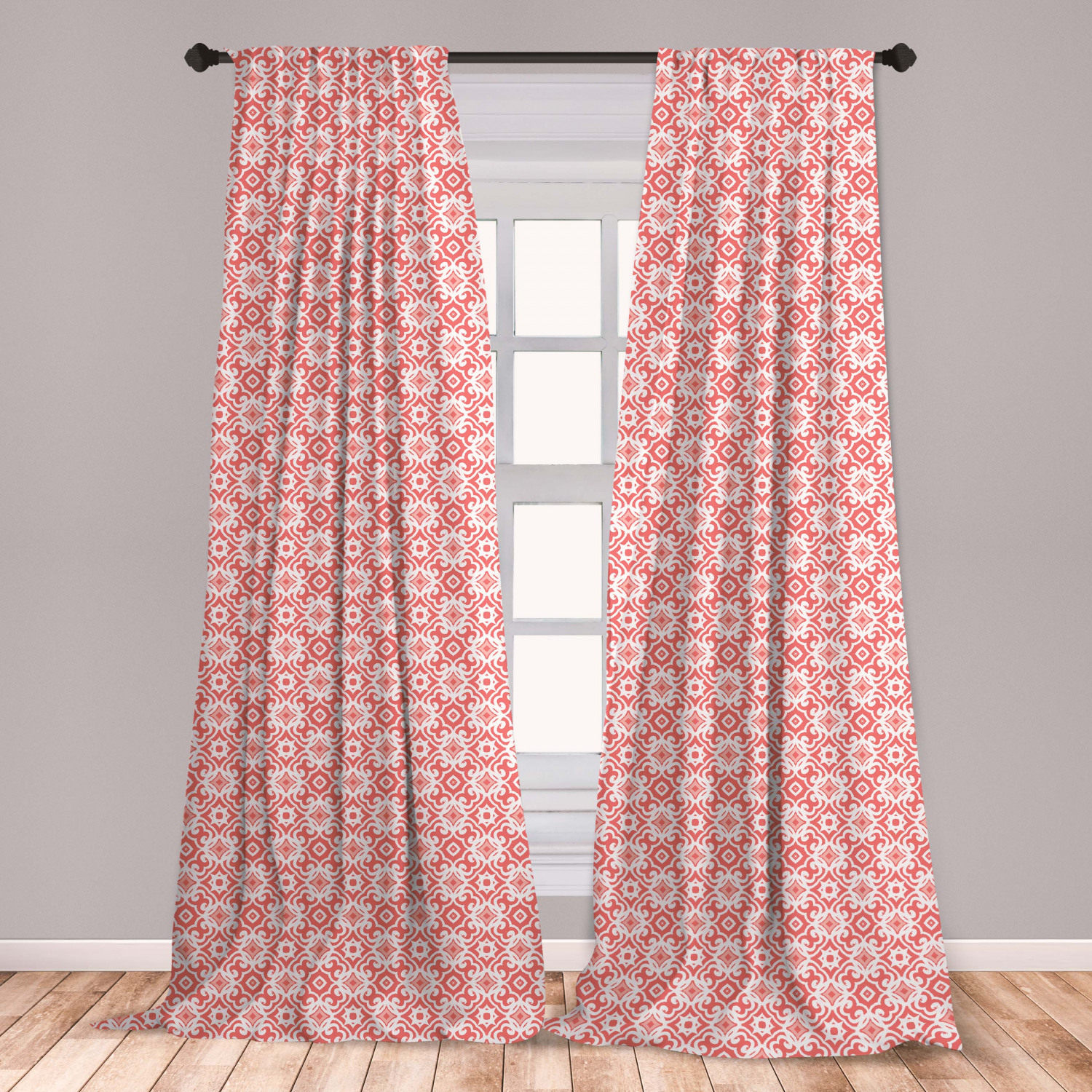 Coral Curtains 2 Panels Set, Geometric Art Deco Pattern with Lacing