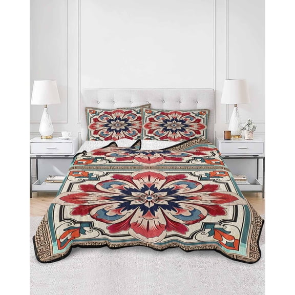 Quilts King Size, Abstract Flower, Soft Comforter Bedding Set for Bed, Geometric Boho Traditional Oriental Tribal Lightweight Quilted Bedspread with Pillow Cover(2 Pieces) for All Season, 96x106 Inch
