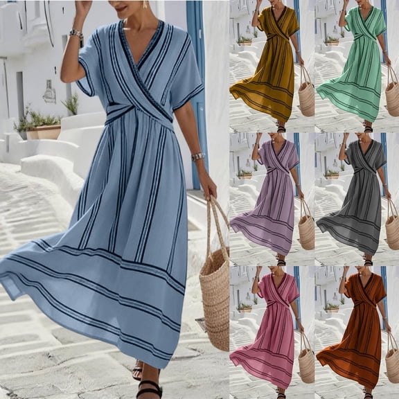 TAGOLD Womens Short Sleeve V Neck Dress Striped Front Flowy Short Sleeve Dress