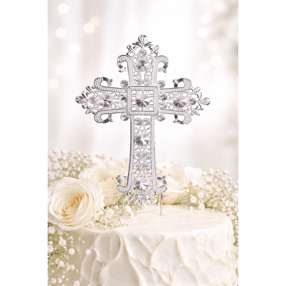 Silver Rhinestone Cross Cake Topper Elegant Religious Cake Decoration