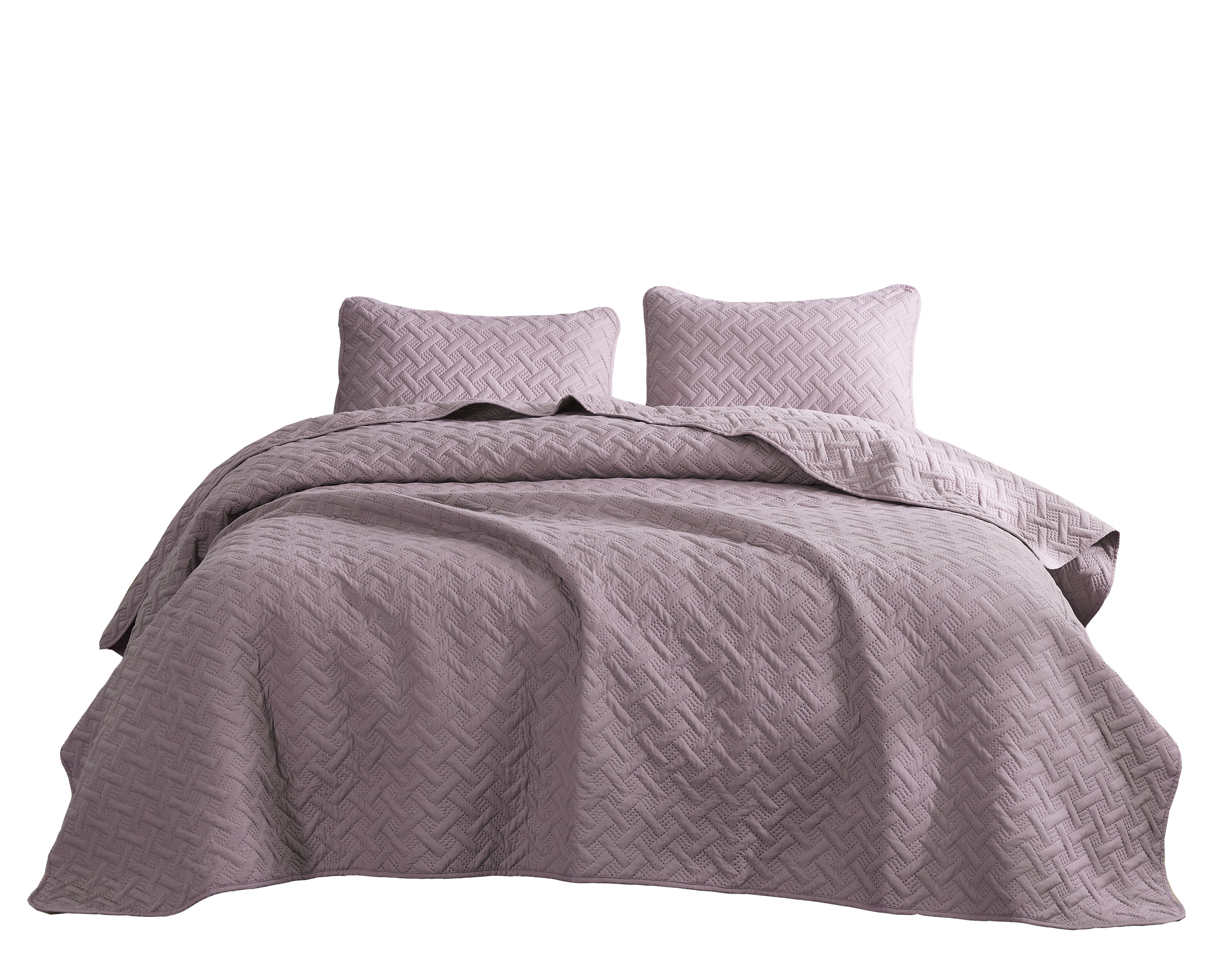 3pc Light Purple Quilted Coverlet Set Aspect Bedspread Stone-Washed Bed Cover 