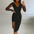 thumbnail image 2 of Women's Short Sleeve Dress Sexy Mesh Sequins Long V-Neck Split Midi Party Clubwear Dress S-2X, 2 of 4