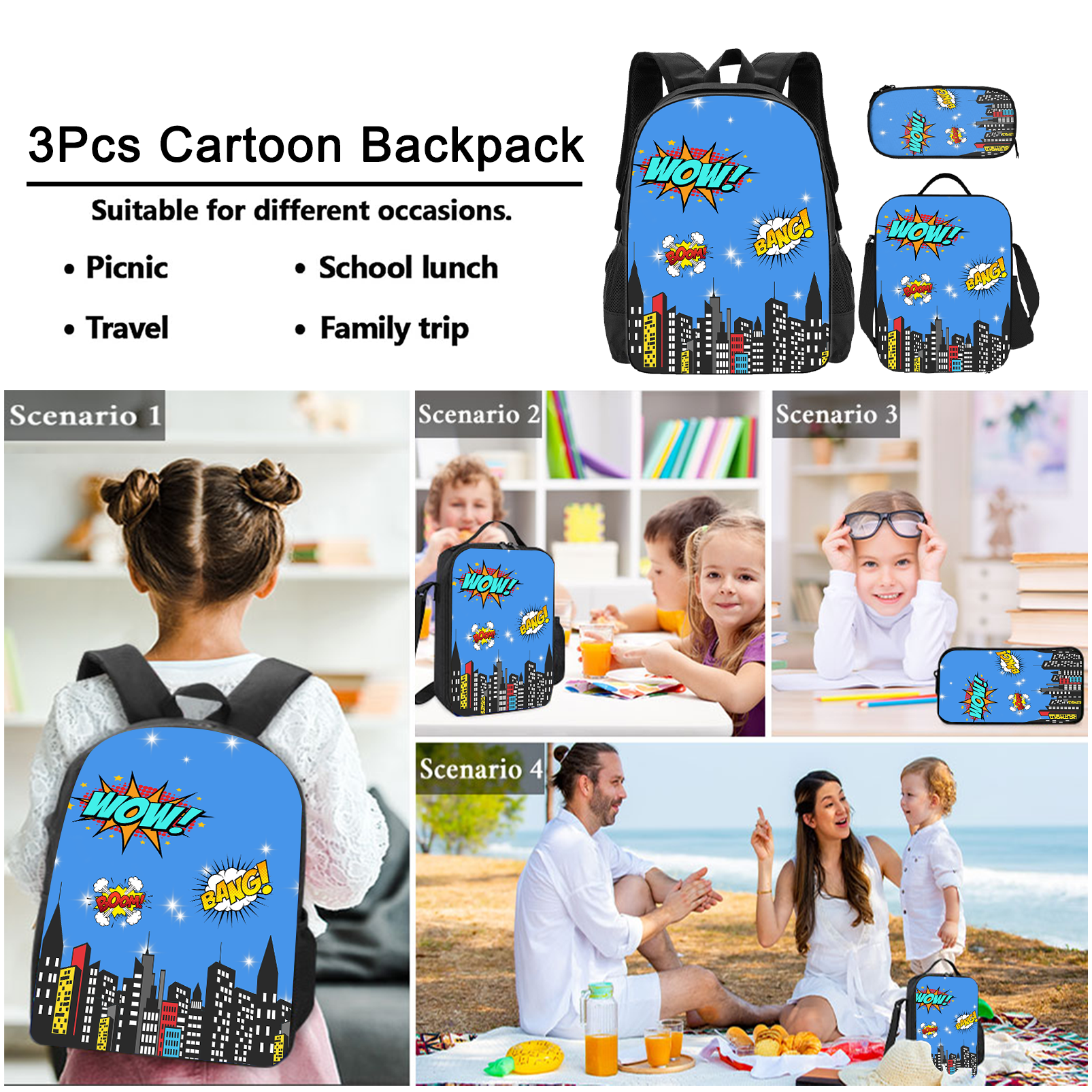 Hello Kitty Backpack, 3Pcs Anime Cartoon Backpack Cute Bookbag Set with Lunch Box and Pencil Case -1