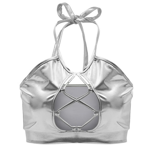 Women's Chemical Fiber Underwear Intimates Women's Shiny Bra Rave Bandeau Vest Bra Holographic Crop Top Backless Metallic Rave Suit