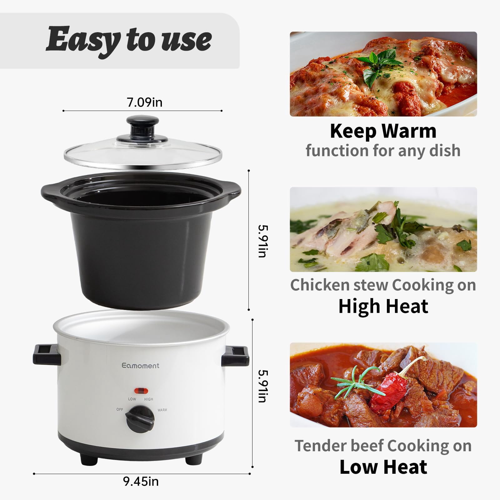 Small Slow Cooker, 1.5 Quart Mini Ceramic Pot Adjustable Temperature/Main Dishes/Sauces/Stews and Dishwasher-Safe Glass Lid and Pot, White
