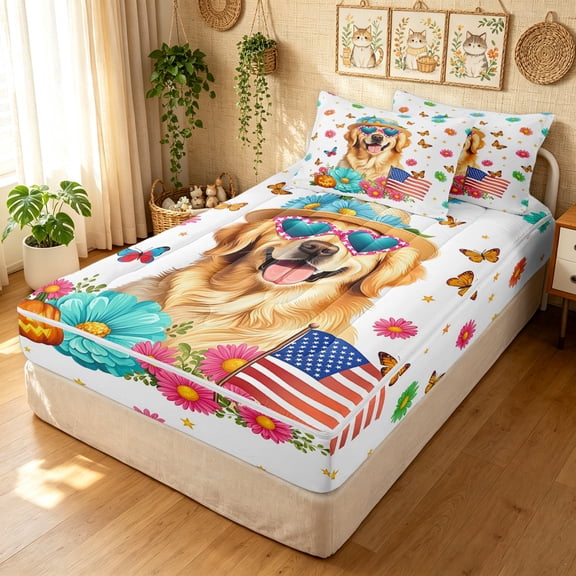 Manfei Kawaii Dalmatian Zipper Twin Comforter Sets with Fitted Sheet and 2 Pillowcases, Cartoon Rustic Dog Zipper Bedding Set, White Orange, Gray Reversible, 4pcs