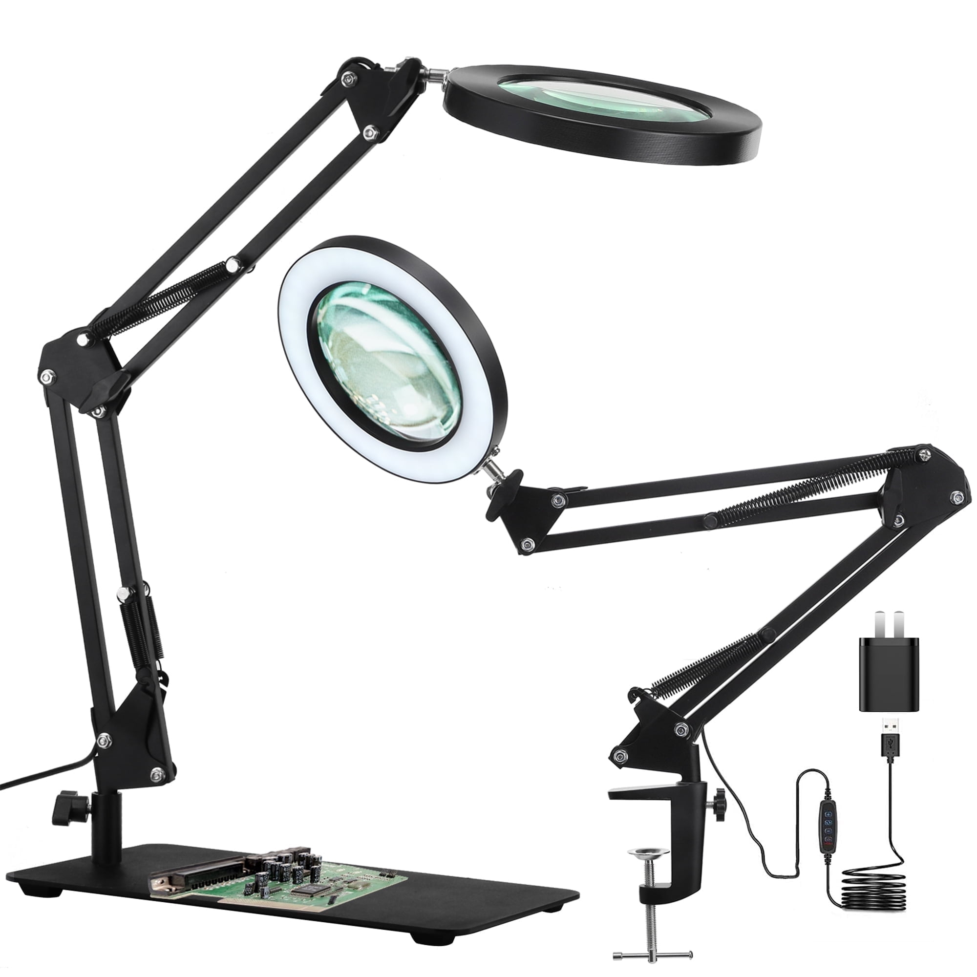 KIRKAS Magnifying Glass with Light and Stand, Real Glass 2-in-1Anti-Tipping Base & Clamp Magnifying Lamp, 3 Color Modes Stepless Dimmable, LED Lighted Magnifier with Light for Hobby Reading Craft