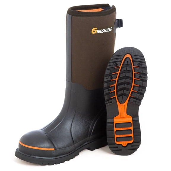 GIEESHIELD Men's Rubber Work Boots with Steel Toe & Shank, Waterproof & Anti-Slip, 6mm Neoprene, Durable Brown Rubber Boot for Construction, Farming, Manufacturing, Sizes 11