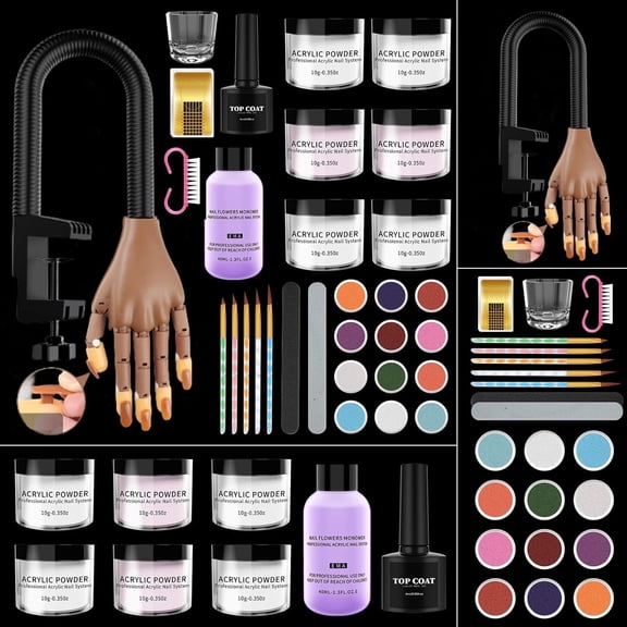 Acrylic Nail Practice Hand - Flexible Mannequin Hand Model for Beginners, Full Starter Kit with Acrylic Powder & Liquid, Nail Art Training Tool