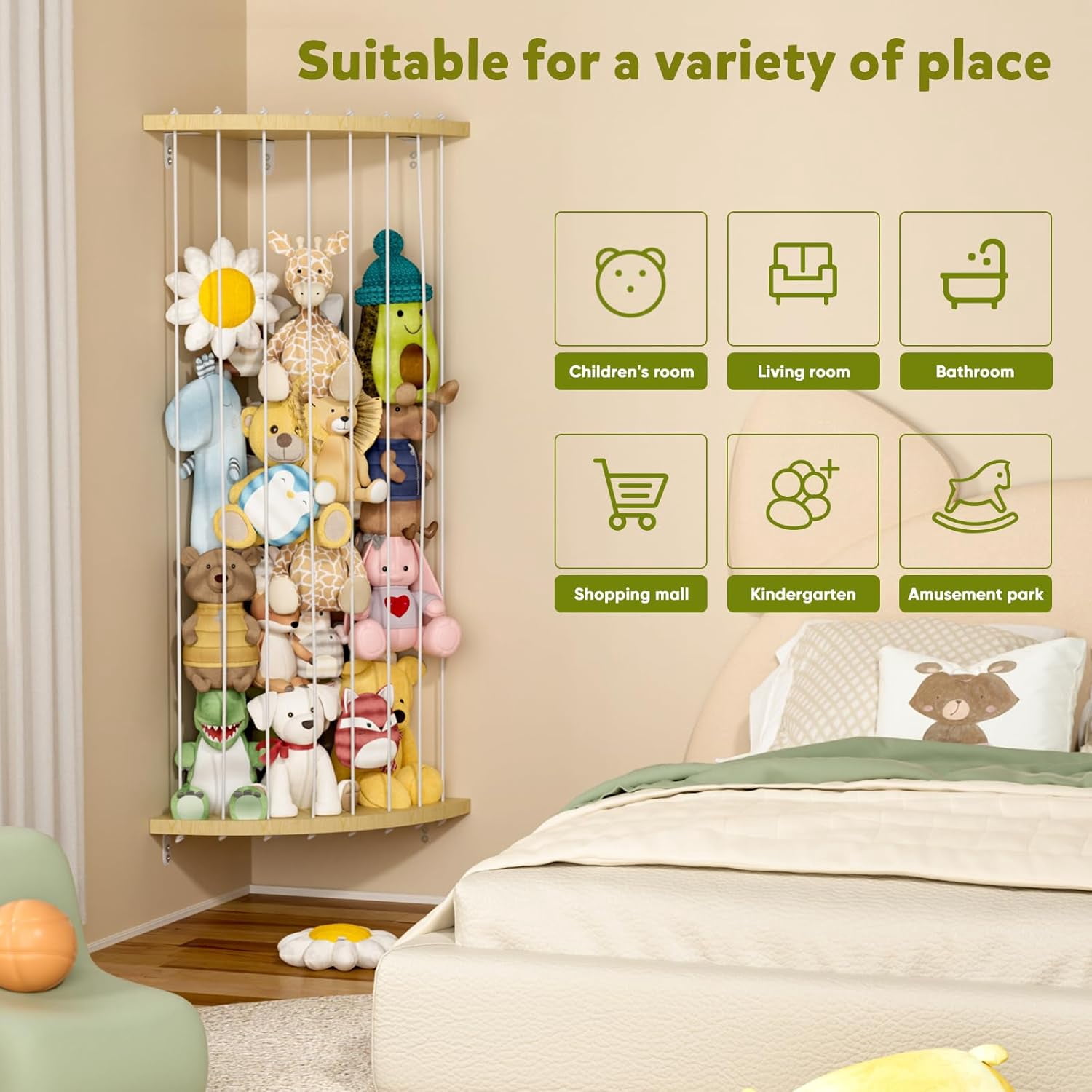 ZYHYPWW Wooden Stuffed Animal Storage Shelf, Star Pattern Adjustable Hanging Plush Toy Organizer, Corner Toy Holder for Kids Bedroom Nursery Playroom