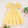 thumbnail image 2 of ZEHJUHAN Toddler Girls' Solid Color Bubble Sleeve A-Line Dress With Hand-Crocheted 3D Flower, Summer Tie Back Sundress for Vacation & Holidays, Yellow，2Y, 2 of 7