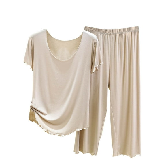 Womens Summer Pajamas Sets New Womens 2 Piece Pajamas Sets Supersoft Loungewear Sets Short Sleeve Tops and Capris Pants Soft Comfy Pjs Sleepwear Night Shirts for Women Sleepwear Beige L