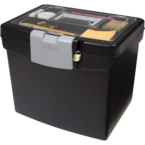 Portable File Storage Box with Translucent Organizer Storage Lid- Plastic Office File Storage Box for Letter Paper and Hanging Folders, Black, Model Number: 61504A01C