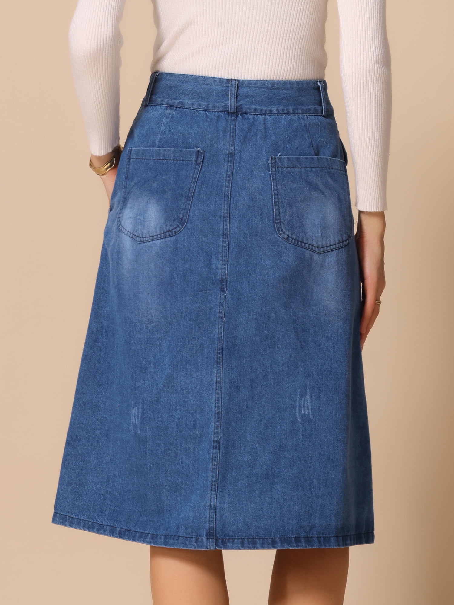 DARING DIVA Women's A-Line Button Front High Waist Midi Denim Skirts XS Blue