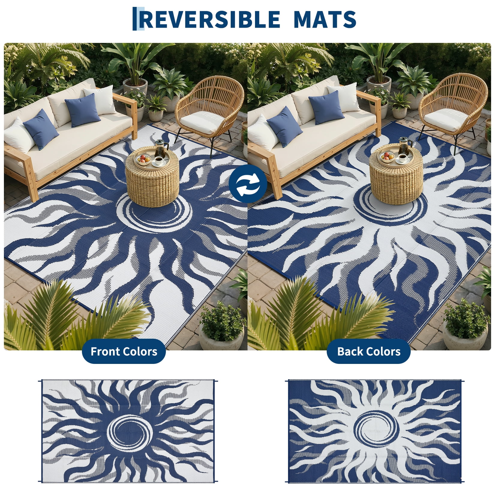 HIWEAVER Navy 9'x 12' Outdoor Rug Garden Decor Abstract Sun Pattern Carpet Plastic Straw Waterproof Reversible Patio Area Rug for Balcony Deck Picnic Portable Camping Mat