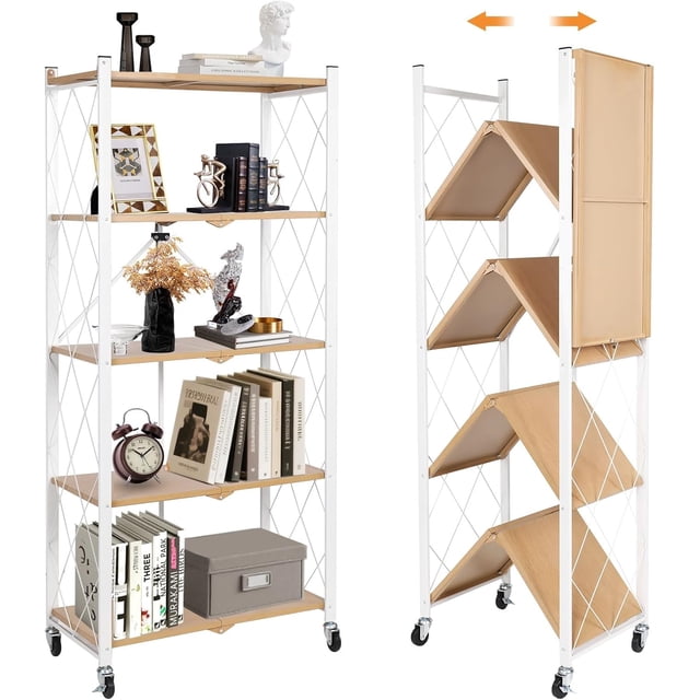 Tier Folding Shelf with Wheels Metal Steel Collapsible Shelves Folding Bookshelf no Assembly Portable Folding Storage Shelves Rolling Standing Utility Rack for Kitchen Office Rustic