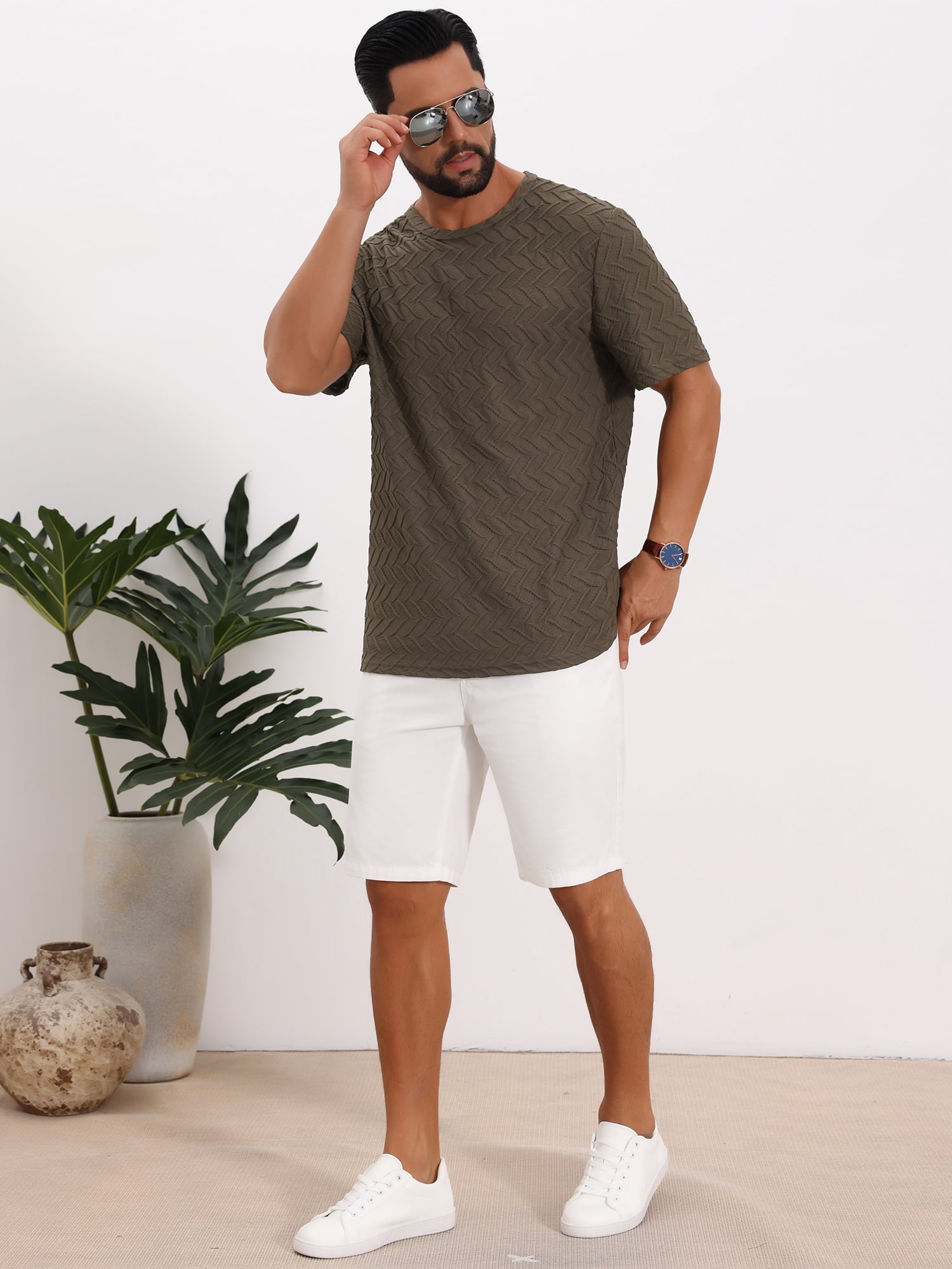 DARING DIVA Men's Knitted T-Shirts Short Sleeve Crew Neck Jacquard T-Shirt S Brown