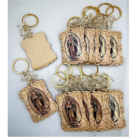 Set of 12 x Virgen De Guadalupe Keychain Wood Keychain Favors Llaveros Recuerdos Comunion