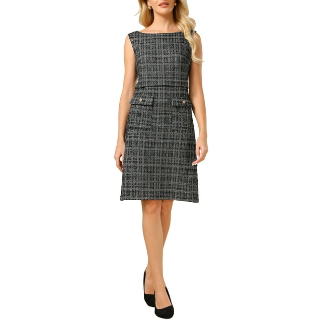 Vestido sin mangas de tweed para mujer Inspire Chic, con cuello barco, vestido de oficina tipo sheath, 2XL, negro