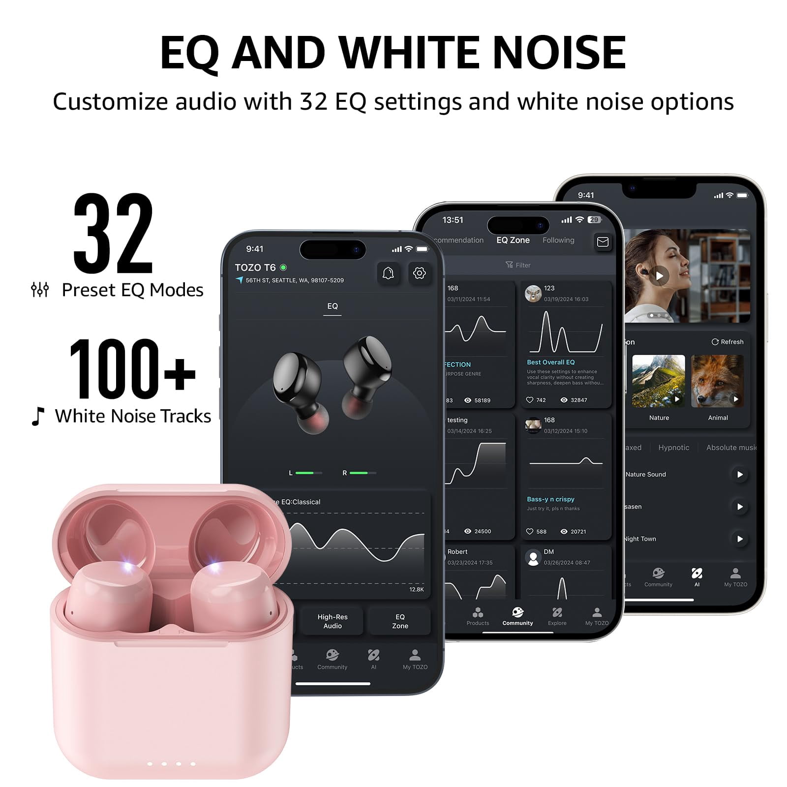 TOZO T6 Earbuds Wireless Bluetooth Ear Buds, 50H, AI Chat/Translation/Clear Mics, Stereo Bass, Wireless Charging, App-32EQ, IPX8 Waterproof Headphones, Rose Gold thumbnail 8