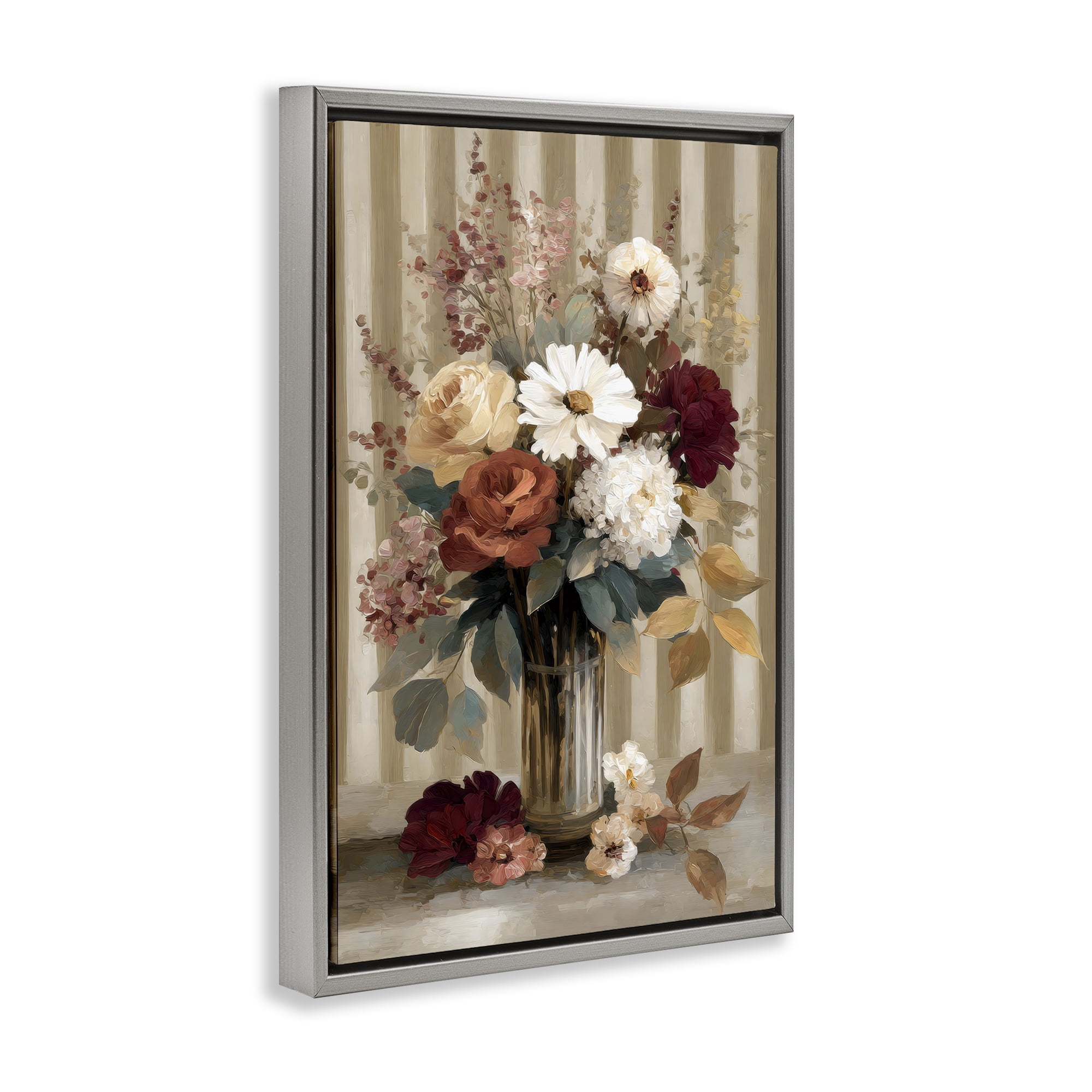 Stupell Industries Vintage Arrangement with Stripes Gray Framed Floater Canvas Wall Art, design by Petal Prints Design