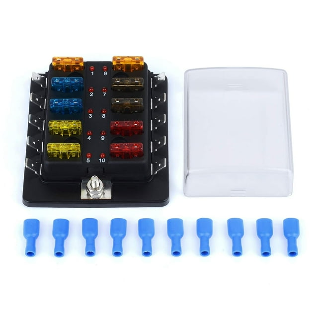 CHL-10 Way DC 12~32V Blade Fuse Box Holder Fuse Block with Fuses Terminals with LED Warning Light Protection Cover for Automotive Car Boat Marine Trike with Detailed Instruction Manual