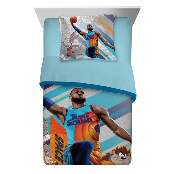 Space Jam Kids Comforter and Sham, 2-Piece Set, Twin/Full, Reversible, Blue, Warner Bros