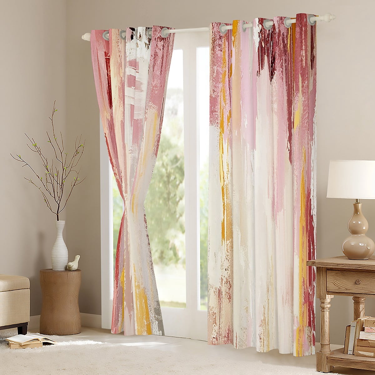 Manfei Pink Beige Ombre Black Out Curtains for Girls, Watercolor Oil Painting Curtains Pack of 2 (42x63 Each), Abstract Gradient Art Bedroom Curtains, Ultra Soft Bedroom Decor