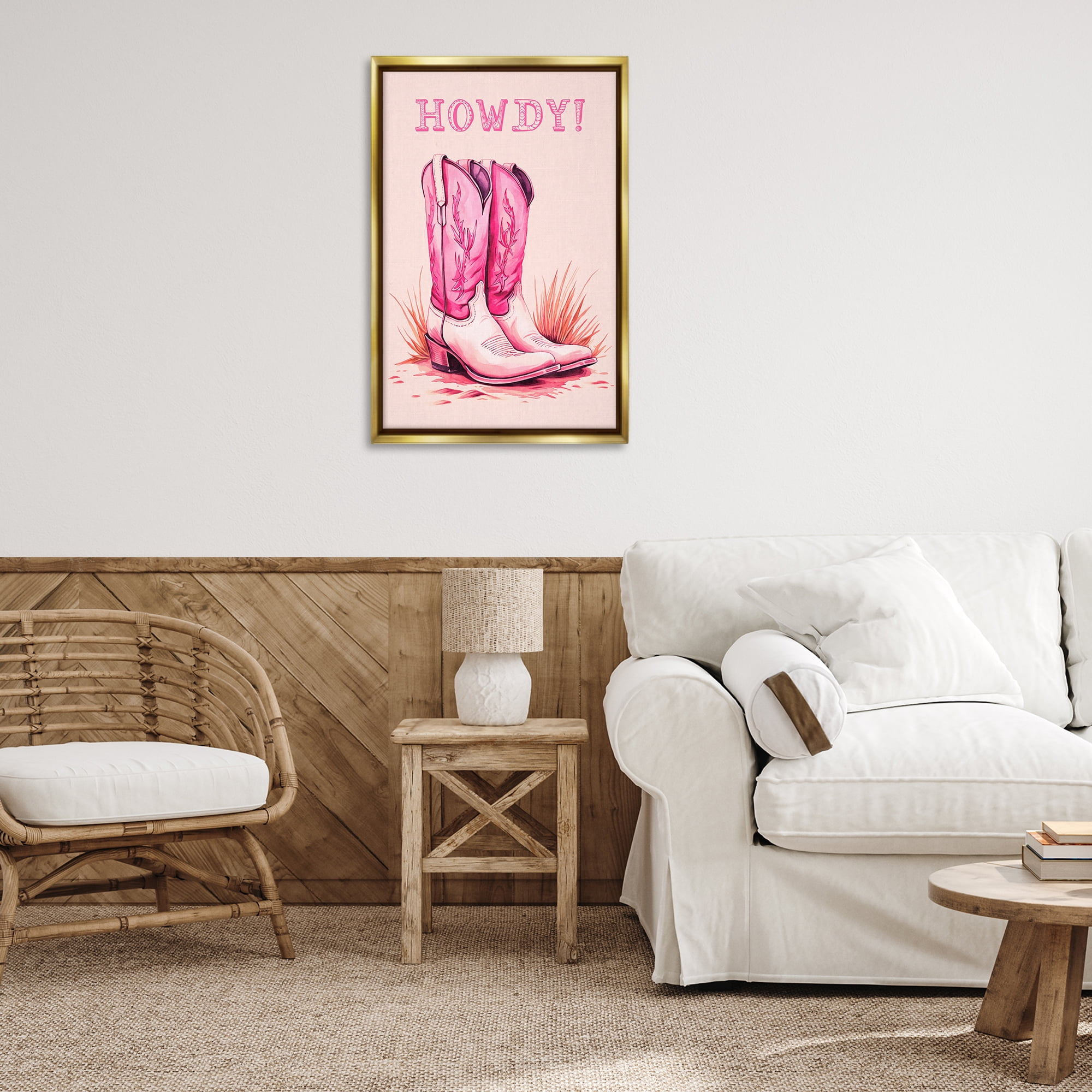 Stupell Industries Pink Cowgirl Boots Howdy Fashion Painting Gold Floater Framed Canvas Art Print Wall Art, 21 x 31