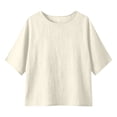 thumbnail image 6 of HongQid Womens Linen Blend Top Blouse Round Neck Loose Fit Solid Color 3/4 Sleeve Breathable Fabric Curved Hem Tunic Shirts, 6 of 6