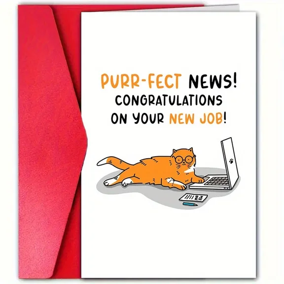 Purr-fect Congratulations Card for New Job – Cute Cat Design with Funny Message – Includes Envelope – Blank Inside for Personal Touch