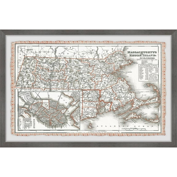 Marmont Hill Vintage Map of Massachusetts Framed Wall Art, 1.50" x 12.00"