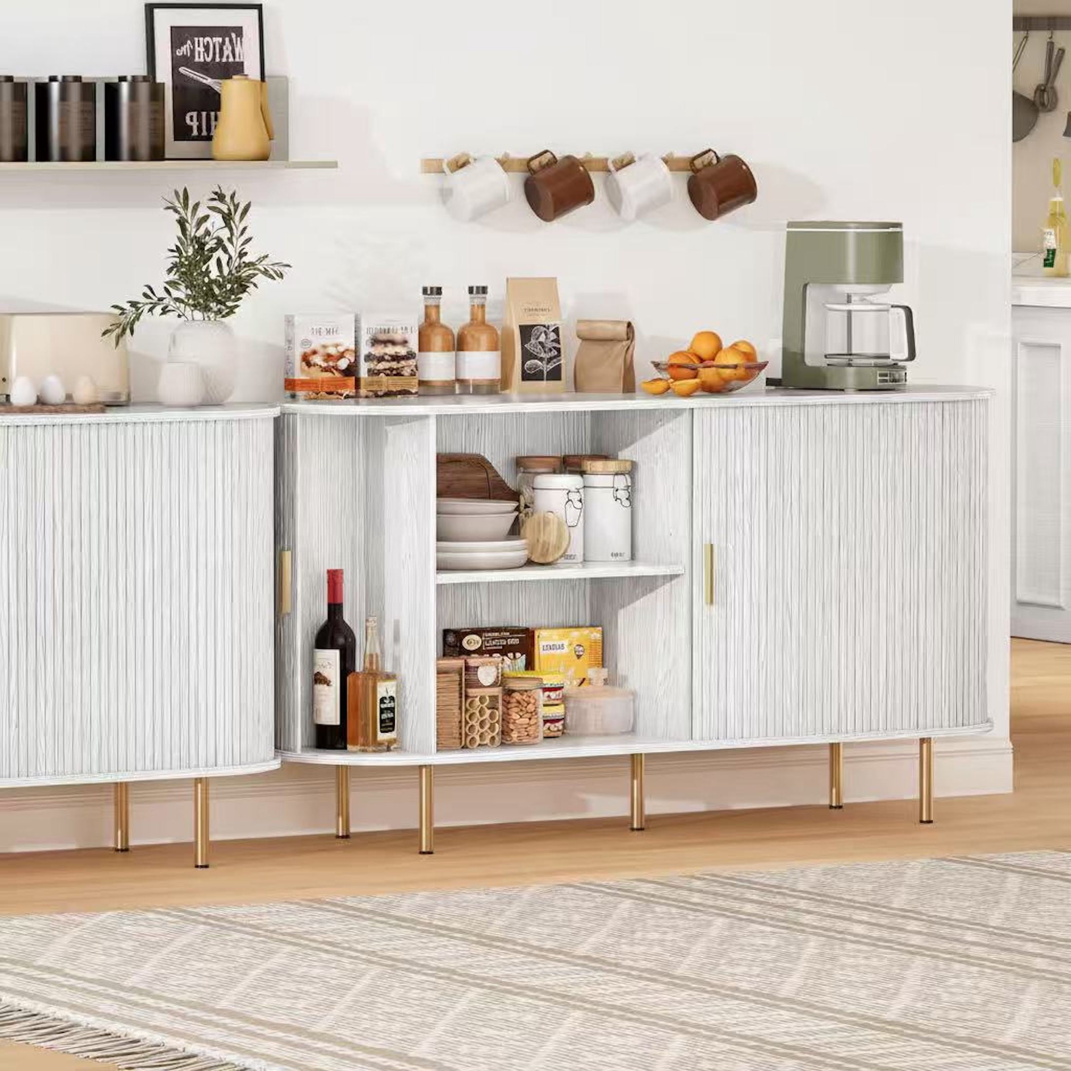 Aisword Sideboard Buffet Cabinet with Storage,Mid Century Modern Fluted Accent Coffee Bar Console Table,Tambour Sliding Doors& Adjustable Shelf for Kitchen, Living Room, Entryway, 55 Inch White