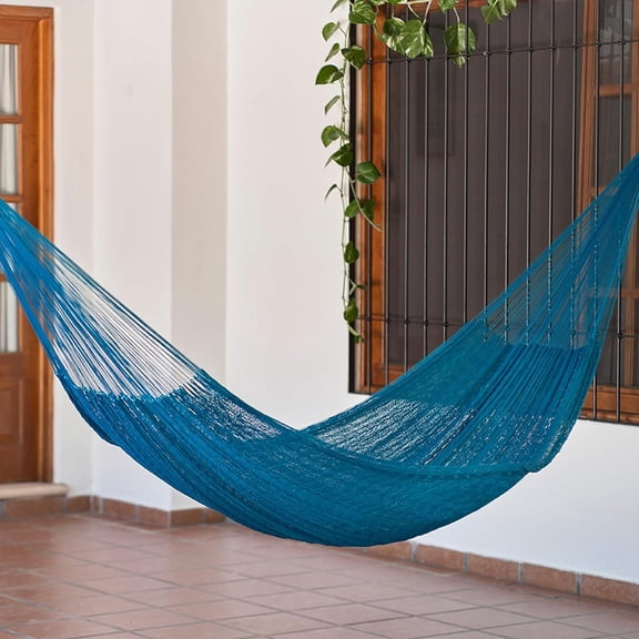 Turquoise Blue Nylon Mayan Hand Woven Hammock, Teal Haven Single Size Outdoor  Garden Relaxation