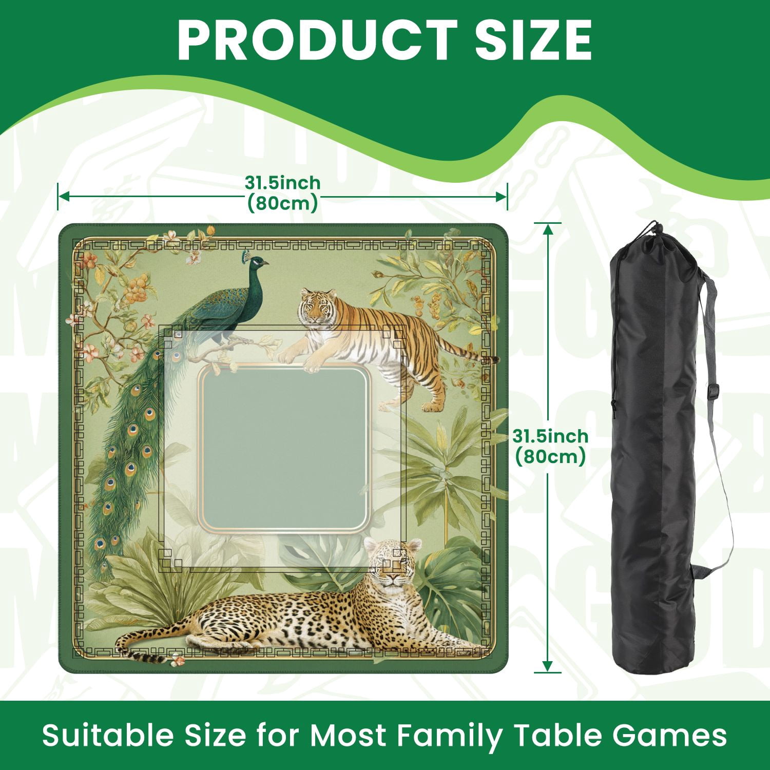 Mahjong Mat 31.5" x 31.5" Jungle Tiger Leopard Peacock Non-Slip Noise Reduction American Mahjong Tiles Table Cover for Dominoes Poker Card Board Games Gift