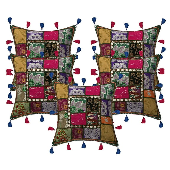 Stylo Culture Indian Sofa Throw Pillow Covers 16 x 16 Embroidered Patchwork Cowrie Sea Shell Tassels Dark Green Hippie 40x40 cm Living Room Cotton Floral Square Cushion Covers | Set Of 5