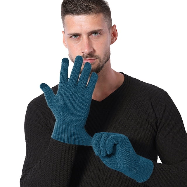AWZXDE Mens Gloves Solid Color Winter Thickened Knitted Outdoor Warm Screen Snowman Embroidered