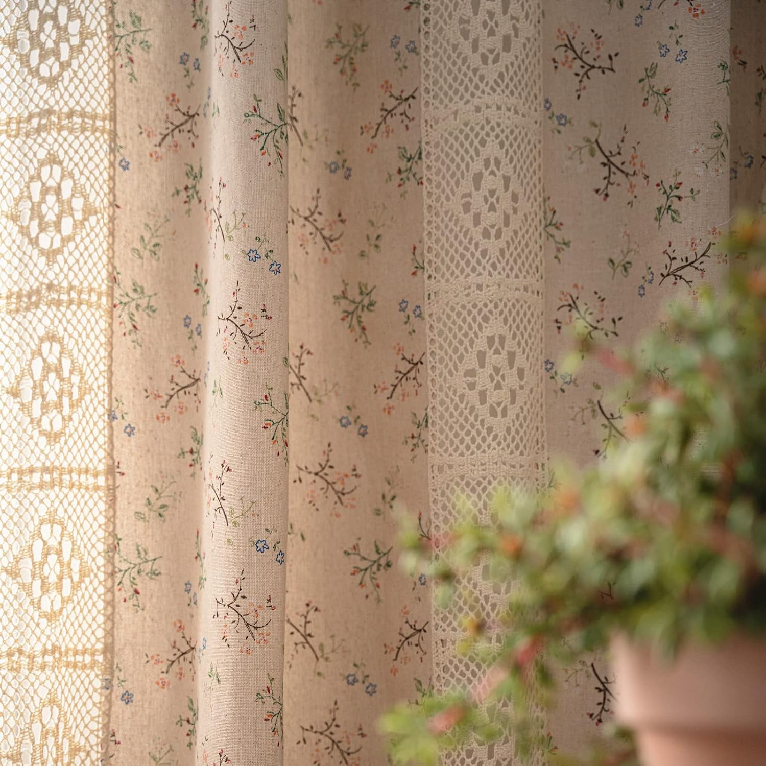 Vireellx Boho Curtains for Bedroom Living Room, Lace Hollow Crochet Stripes Blue Florals Print Cotton Linen Patchwork, Bohemian Green Tassel Semi-Blackout Window Farmhouse Drape